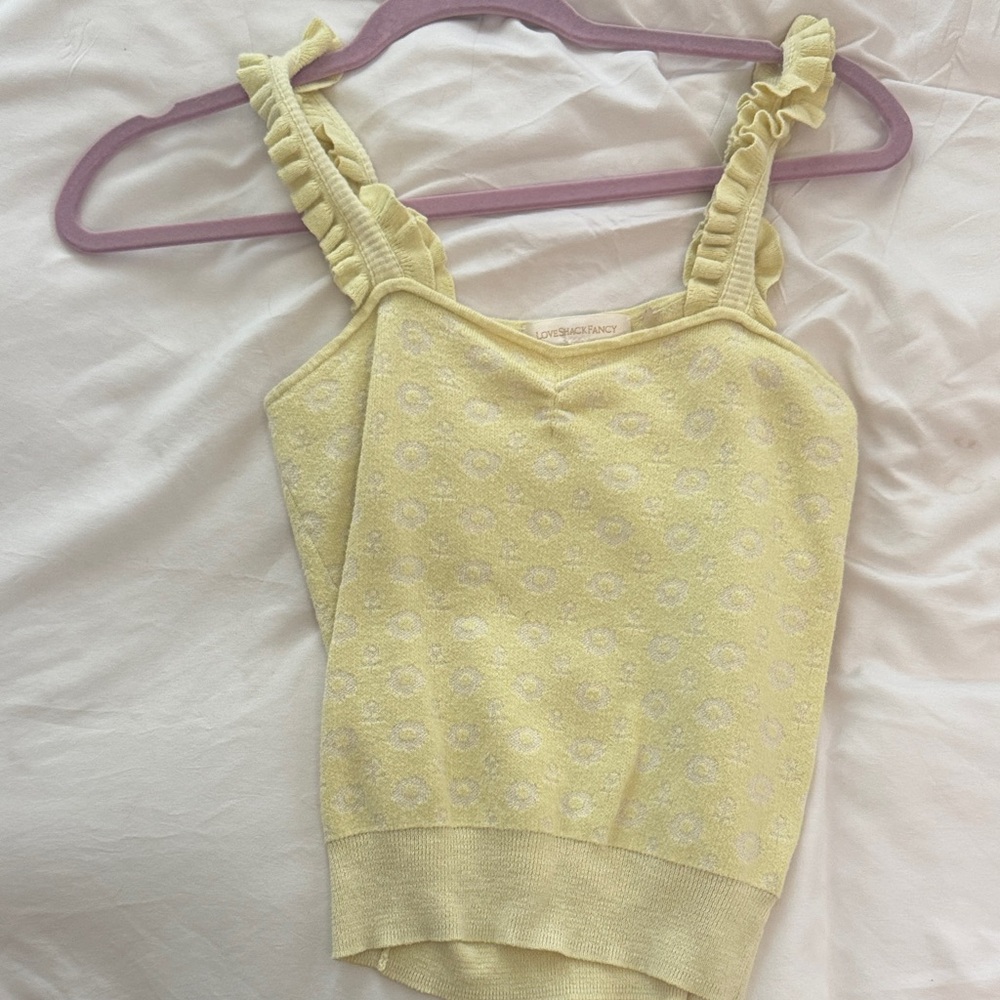 LoveShackFancy Pale Yellow Ruffle- Strap Knit Camisole